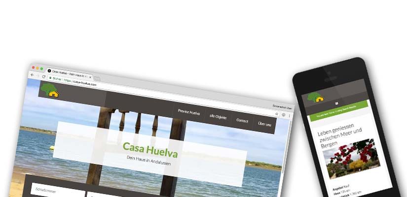 Bildschirmfoto der Webseite Casa-Huelva.com und Bild mit mobiler Ansicht auf iPhone